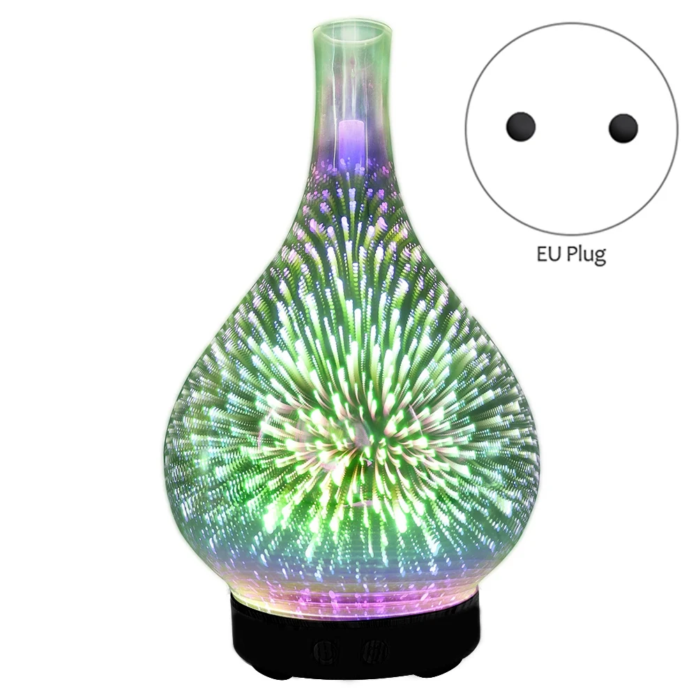 3D-Feuerwerksglas-USB-Luftbefeuchter mit 7-Farben-LED-Nachtlicht, Aromaöl-Diffusor, kühler Nebelhersteller, Schwarz, EU-Stecker
