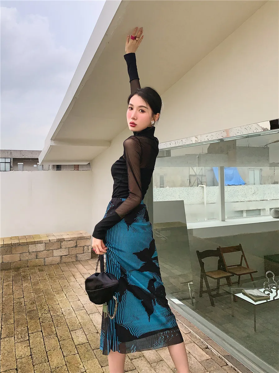 CHEERART Butterfly Blue High Fashion Mesh Skirts For Women 2022 Summer High Waisted A Line Long Midi Skirt Designer Bottoms