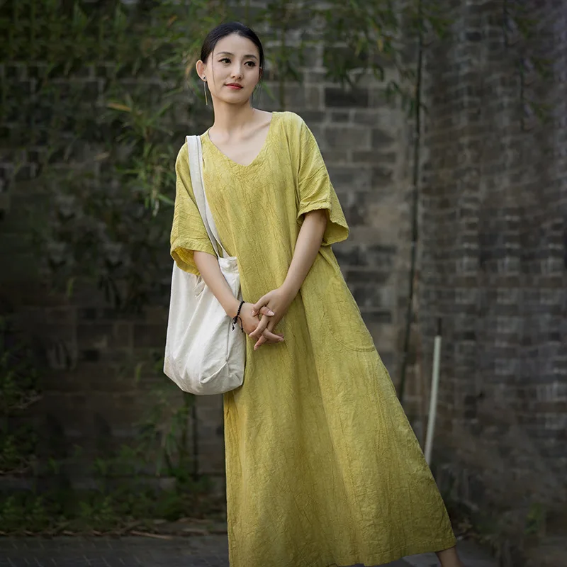 

Ramie handmade tie-dye sand wash V-neck robe dress temperament literary short-sleeved skirt fashionable casual versatile simple