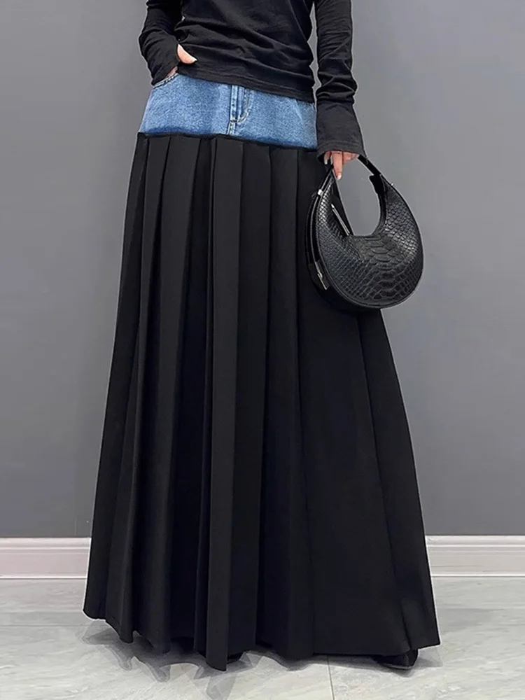 [EAM] High Elastic Waist Blue Color-block Denim Pleated A-line Half-body Skirt Women Fashion Tide New Spring Autumn 2024 1DH2576