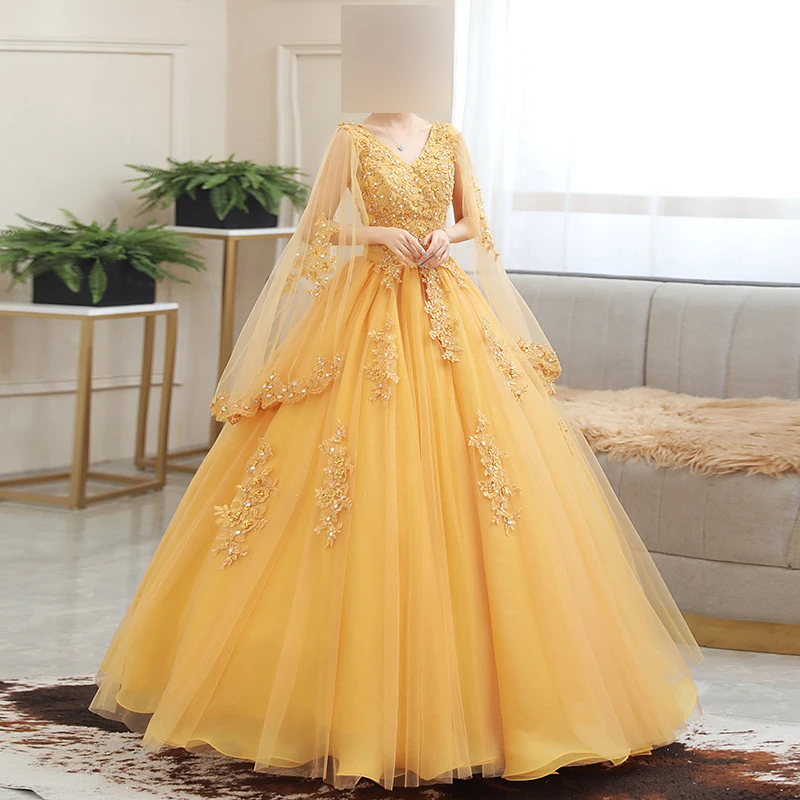 

GUXQD Ball Gown Quinceanera Dresses V-Neck Long Sleeves Prom Party Gowns Lace Appliques Vestido De Fiesta robes de soirée