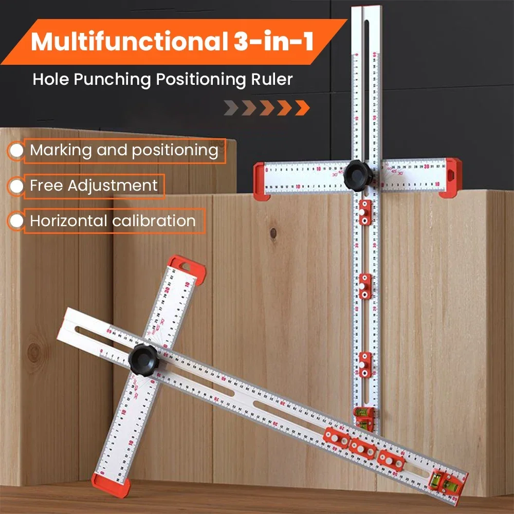 

Multifunctional 2-in-1 Drilling Positioning Ruler T Square Ruler Cabinet Woodworking Ruler Drawer Door Hole Drilling Template