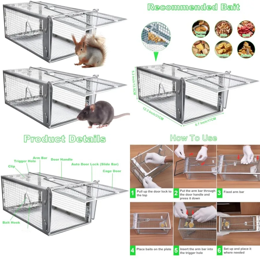 

Humane Rat Traps 2-Pack, No Kill Small Animal Cage Trap, Live Mouse Trap Cage Catch and Release, Trampa para Ratones, Chipmunk