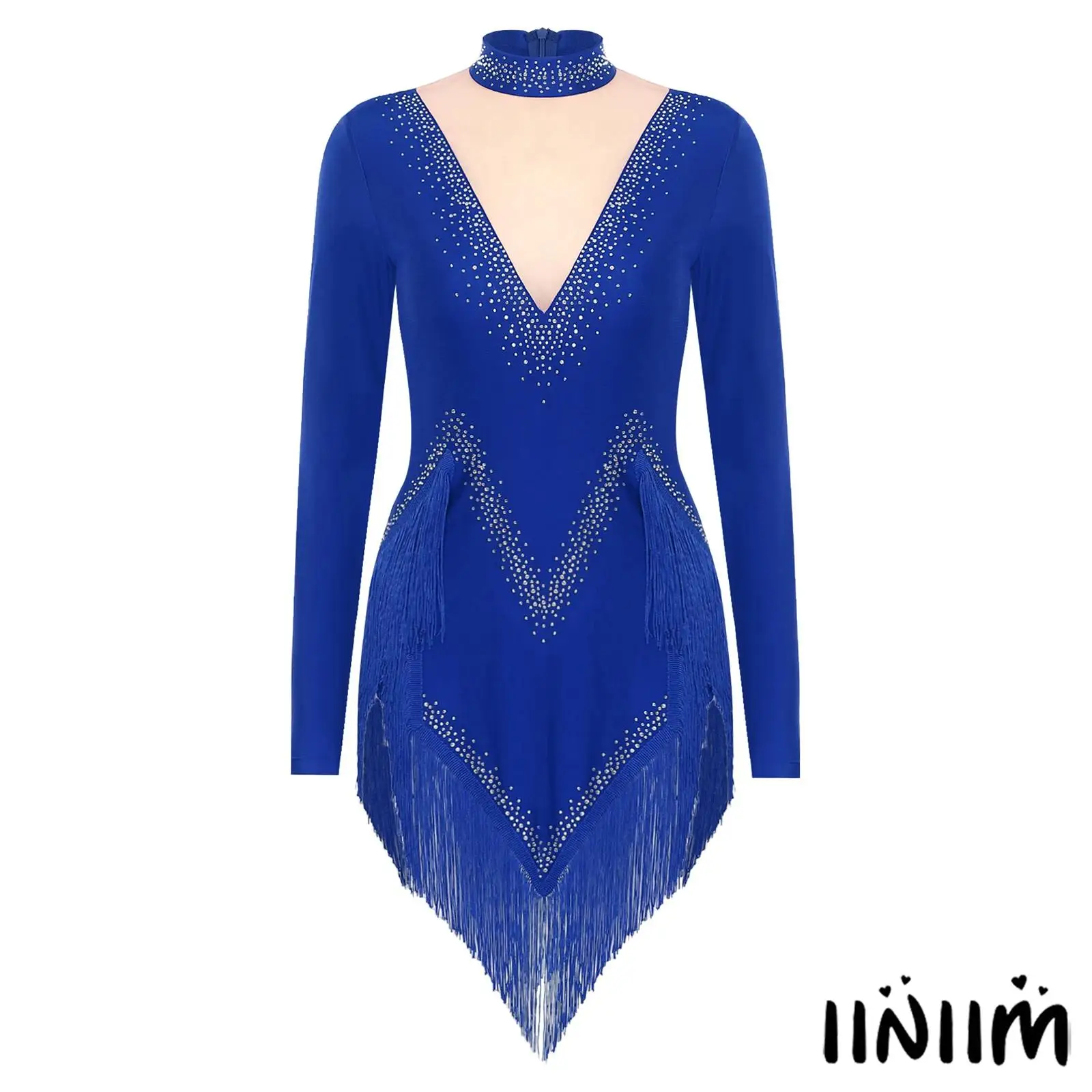 

Women Long Sleeve Shiny Rhinestones Latin Leotard Dress Samba Cha Cha Tango Jazz Ballroom Dancewear Cocktail Party Costume