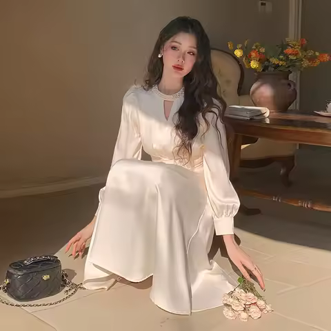 Spring Elegant Temperament Casual Satin Dress Japanese Style Fashion High Waist a Line Long Dress Evening Birthday Party Dresses