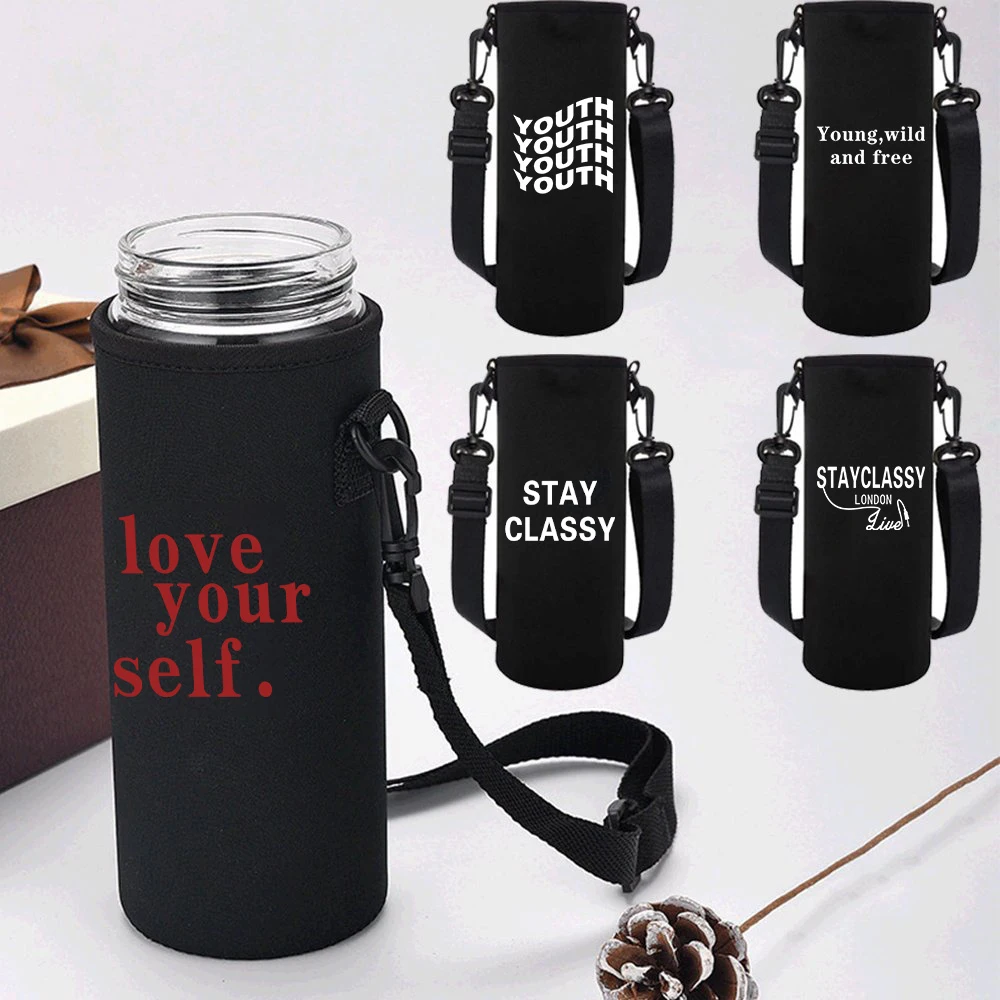 Water Bottle Sleeve Adjustable Strap, Portable Insulated Water Cup Sleeve for 550-1500ML Sports Bottles Case Walls Print