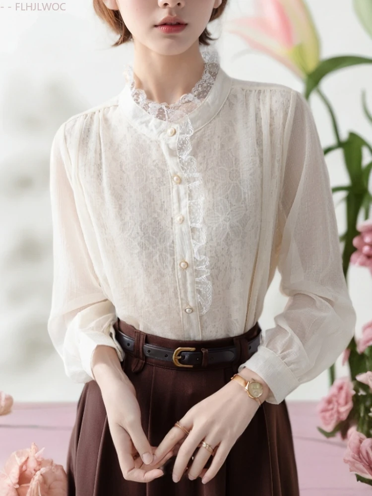 

Горячие девушки, милые кружевные топы с оборками, винтажные японские корейские пуговицы, элегантные офисные женские рубашки для официальной работы, белые кружевные рубашки с оборками, блузки