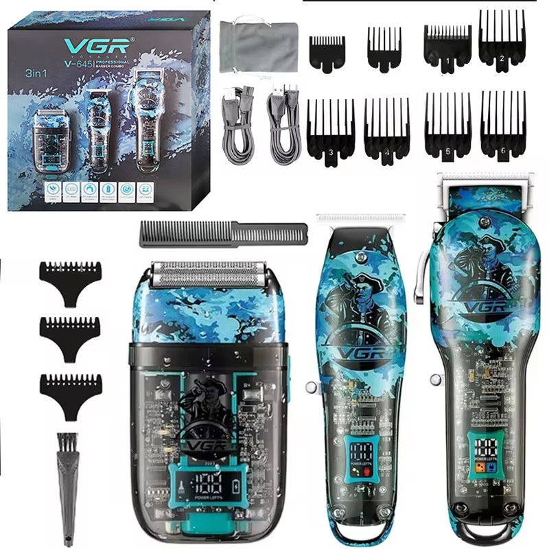 VGR Combo Kits Hair Clipper Electric Shaver Professional Hair Trimmer For Men Rechargeable Cordless Haircut Machine Lithium