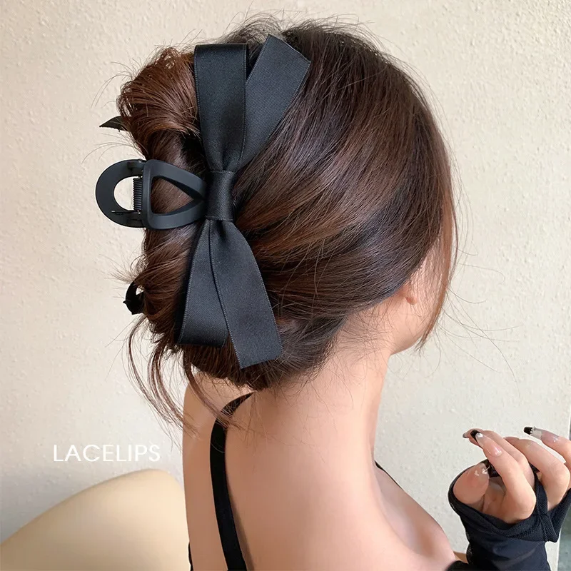 Black Bowknot Hair Claw Big Satin Bow Hair Clips Vintage Baroque Satin Crab Hairpins for Elegant Women Hair Accessories