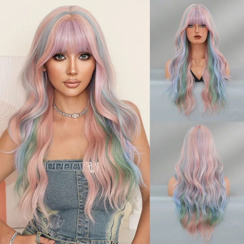 Japanese- wig for women lolita style Parisian dyeing rainbow-colored long curly hair large waves full head