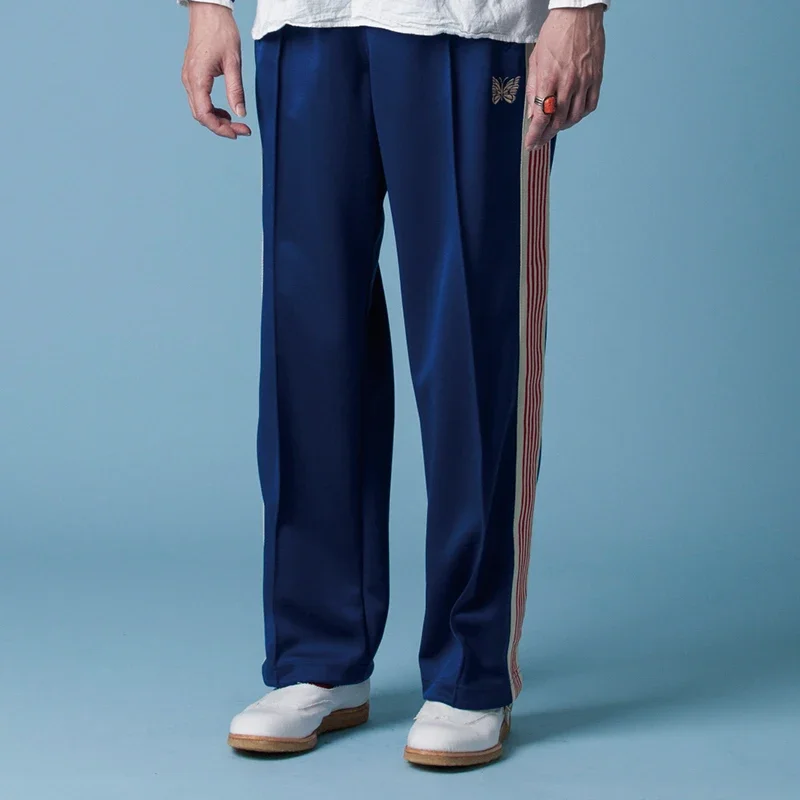 

Arrival Butterfly Embroidery Pants Webbing Track Stripe Sweatpants Zipper Drawstring Blue Men Women Oversize Trousers