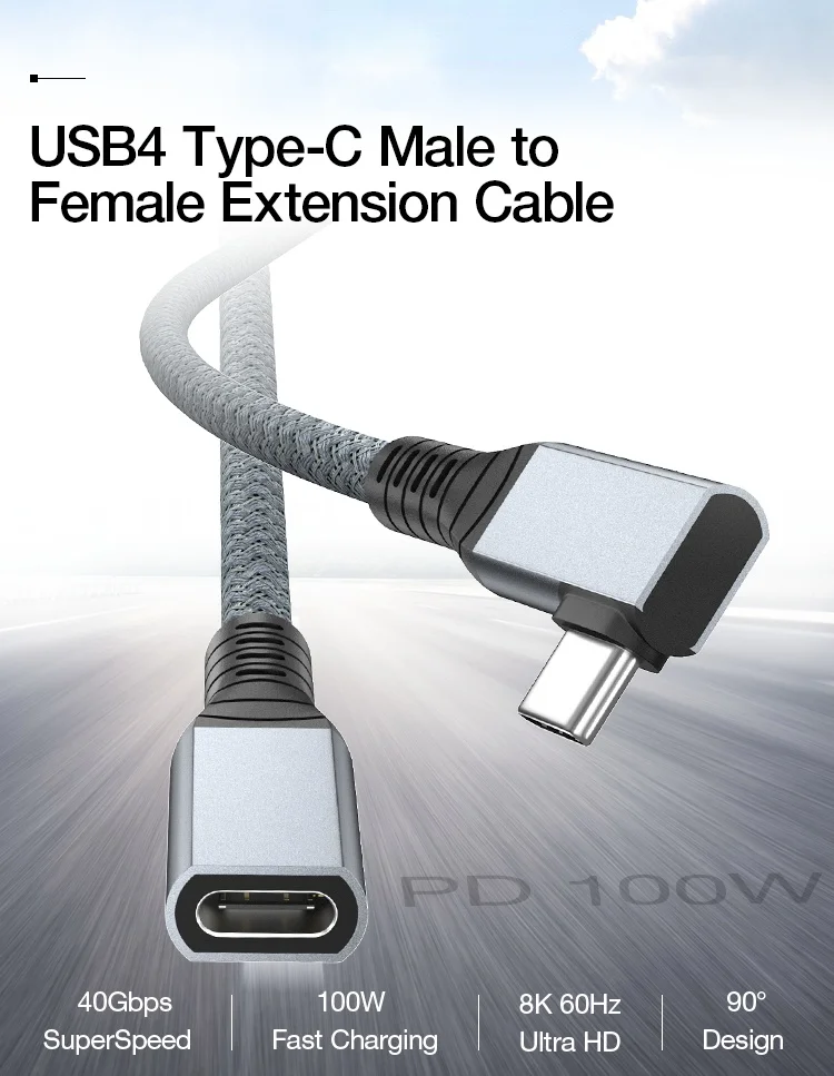 USB4 Cable 90 Degree USB-C to Female USB-C TB3/4 Compatible 8K@60Hz 40Gbps Data Transfer PD100W 5A Fast Charging Male-Female Ada