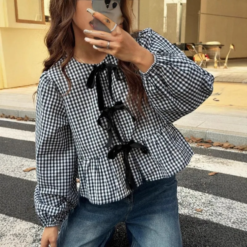 

2026 Black and White Plaid Fluffy Lantern Long-sleeved Shirt Loose Fashion Temperament Versatile Commuter Suit