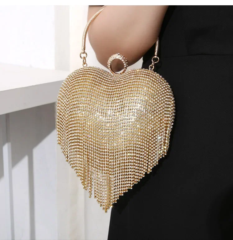 Damen-Handtasche mit silbernem Strass-Herzmuster, Diamant-Quaste, Bankett-Clutch, Hochzeits-Braut-Abendtasche – Detail 12