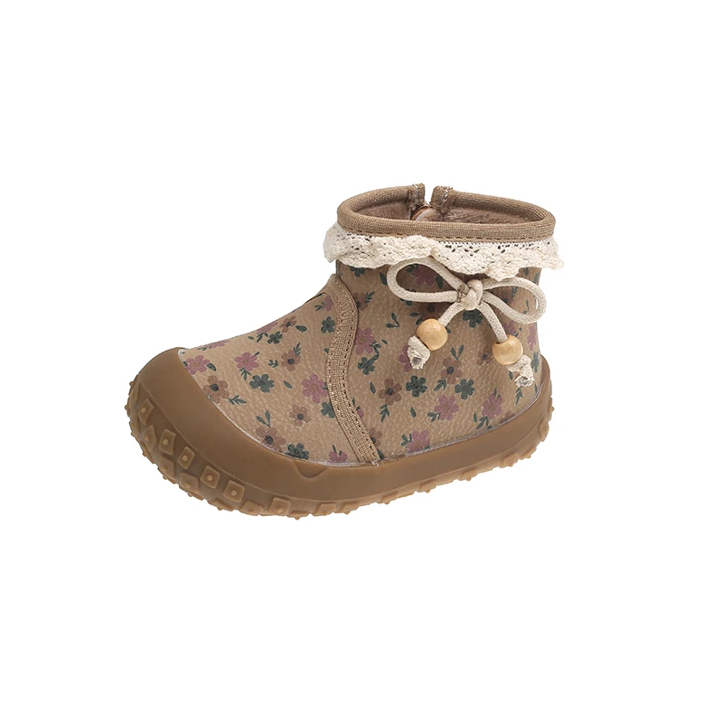 Winter Autumn Girls High-top Boots Little Princess Fashion Floral Print Leather Boots Baby Soft Warm Suede Short Boots