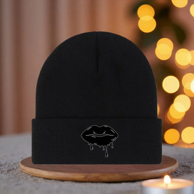 Dripping Lips Graphic Beanie Hat for Men Women, Soft Knitted Winter Warm Casual Beanie, One Size