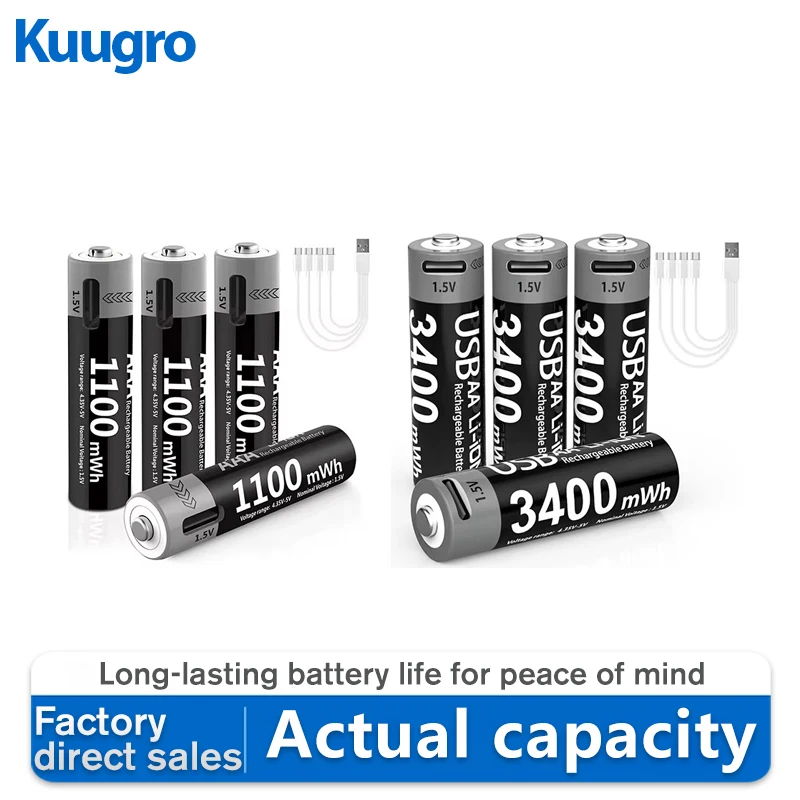 

Kuugro Li-ion AAA and AA Rechargeable Batteries USB Lithium-ion 3400mWh 1.5V AA Rechargeable Batteries+1100mWh 1.5V AAA Battery