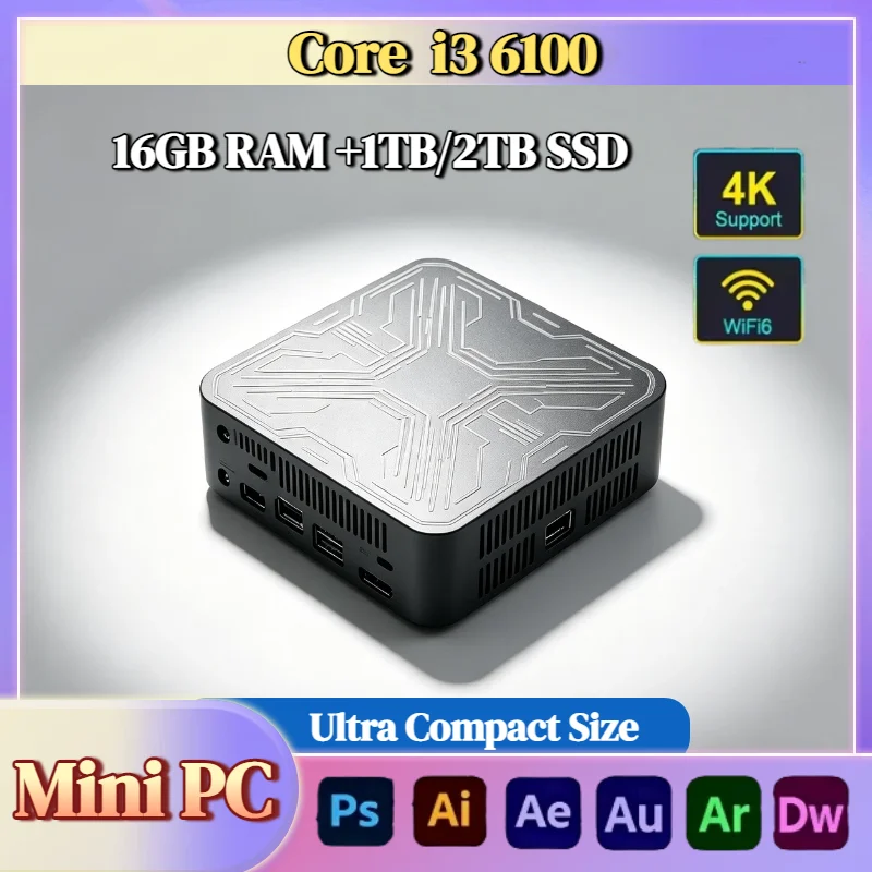 Mini PC Intel Core i3 6100, 16GB DDR4, SSD NVMe, Triple 4K, WiFi6, Refrigeración Silenciosa, Computadora de Oficina y Hogar, Ultra Rápida, Profesional