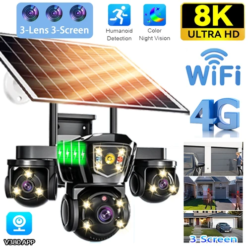 Cámara Solar inalámbrica V380 Pro WiFi, tarjeta Sim 4G, tres pantallas, Solaire CCTV para exteriores, batería de tres lentes, cámaras de seguridad solares 360