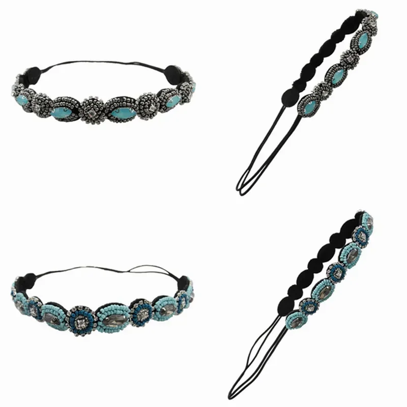 Fashion Bohemian Rhinestone Hair Band Elastic Headbands Vintage Turquoise Beaded Tiara with Elasticity Headbands Women Headwear