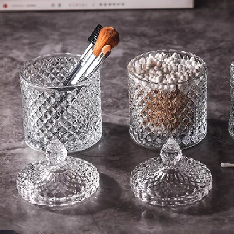 Crystal Glass Jar European-style Diamond Pattern Candy Storage Box Cotton Swab Box Sealed Jar Living Room Home Furnishings