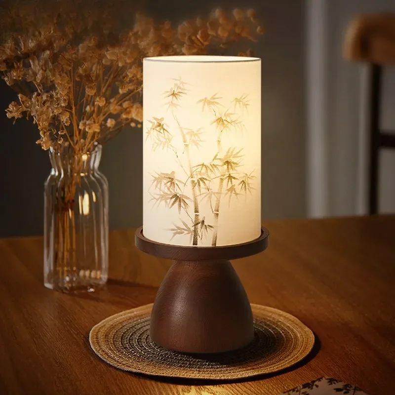 Chinese Zen Table Lamp Solid Wood Bedside Light Retro Oriental Design for Living Room Bedroom Decor Medieval Style Nightstand