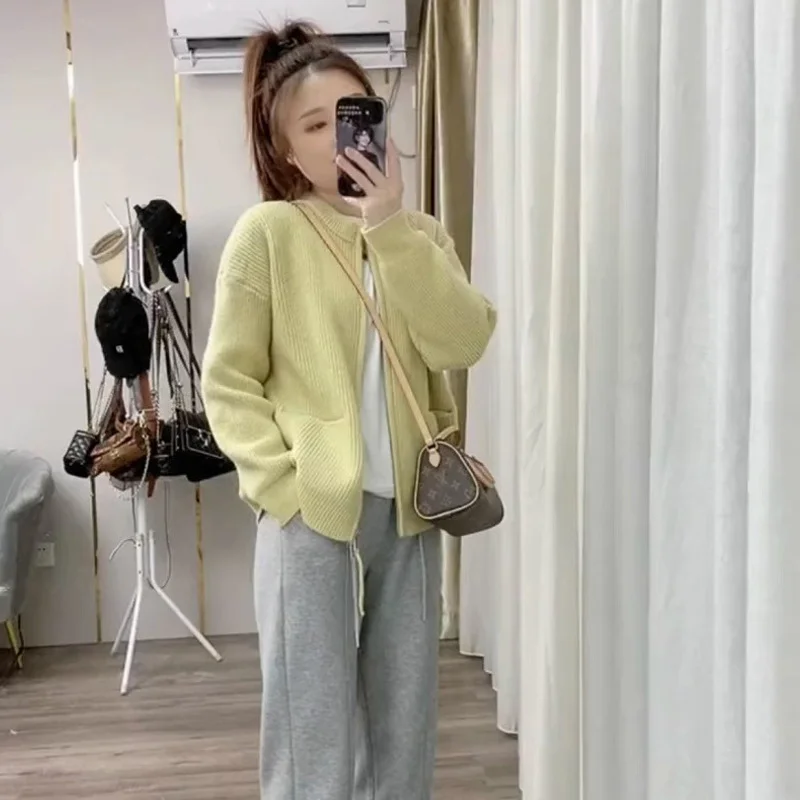 

Double Zipper Short Personality Clothes Coat Loose Style Long Sleeve Spring Autumn Season Women Knitted Slim Fit