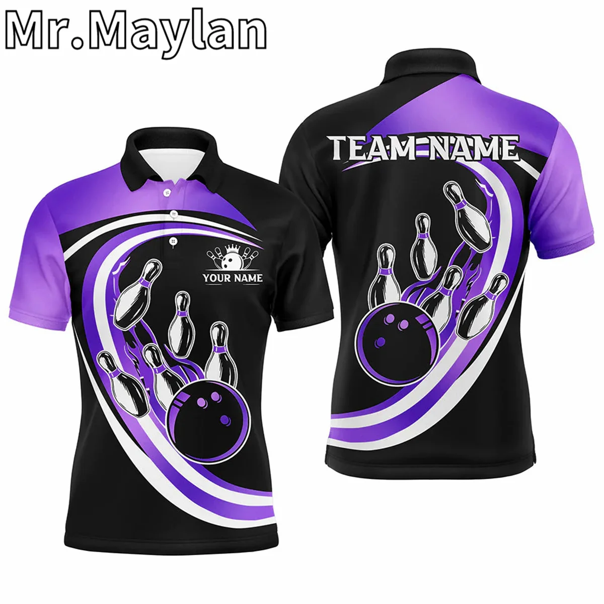 

3D Black and Purple Bowling Polo Shirt For Women And Men Custom Name Bowling Team League Jersey Uniform Gift for Bowling Lovers