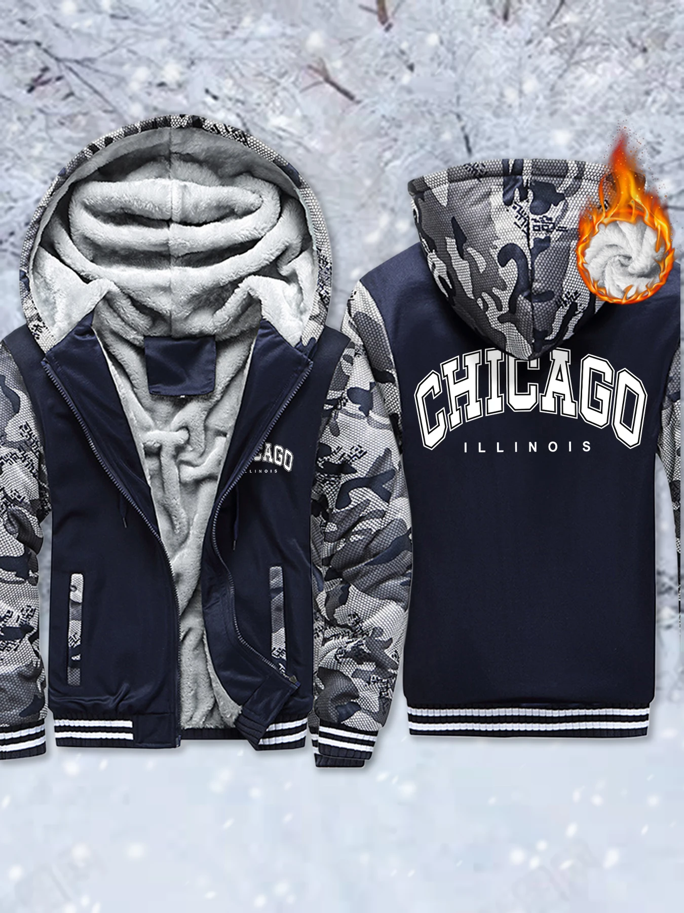 

Chicago Letter Logo Pattern Man Sweatshirt Outdoor Coat Winter Streetwear Fleece Heavyweight Hoodie Fashion Casual Jacket