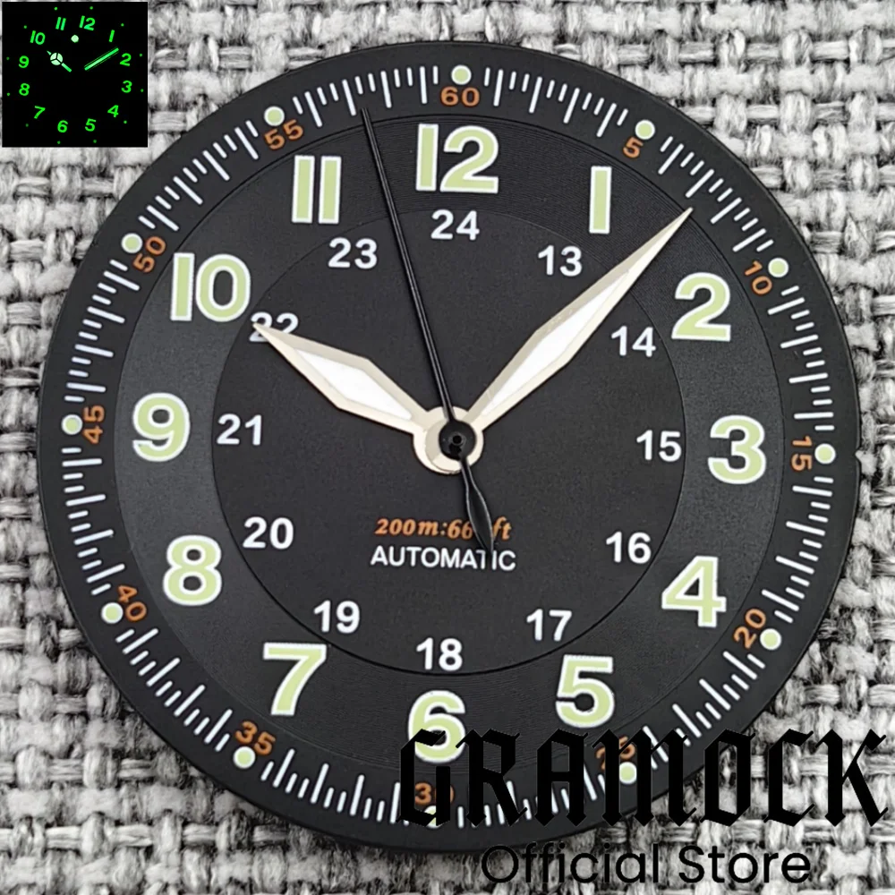 GRAMOCK Classics Sterile 29mm Pilot Black Watch Dial Part for NH35/36 ETA PT5000 Miyota Mingzhu DG ST2130 Movement Part Hand Set