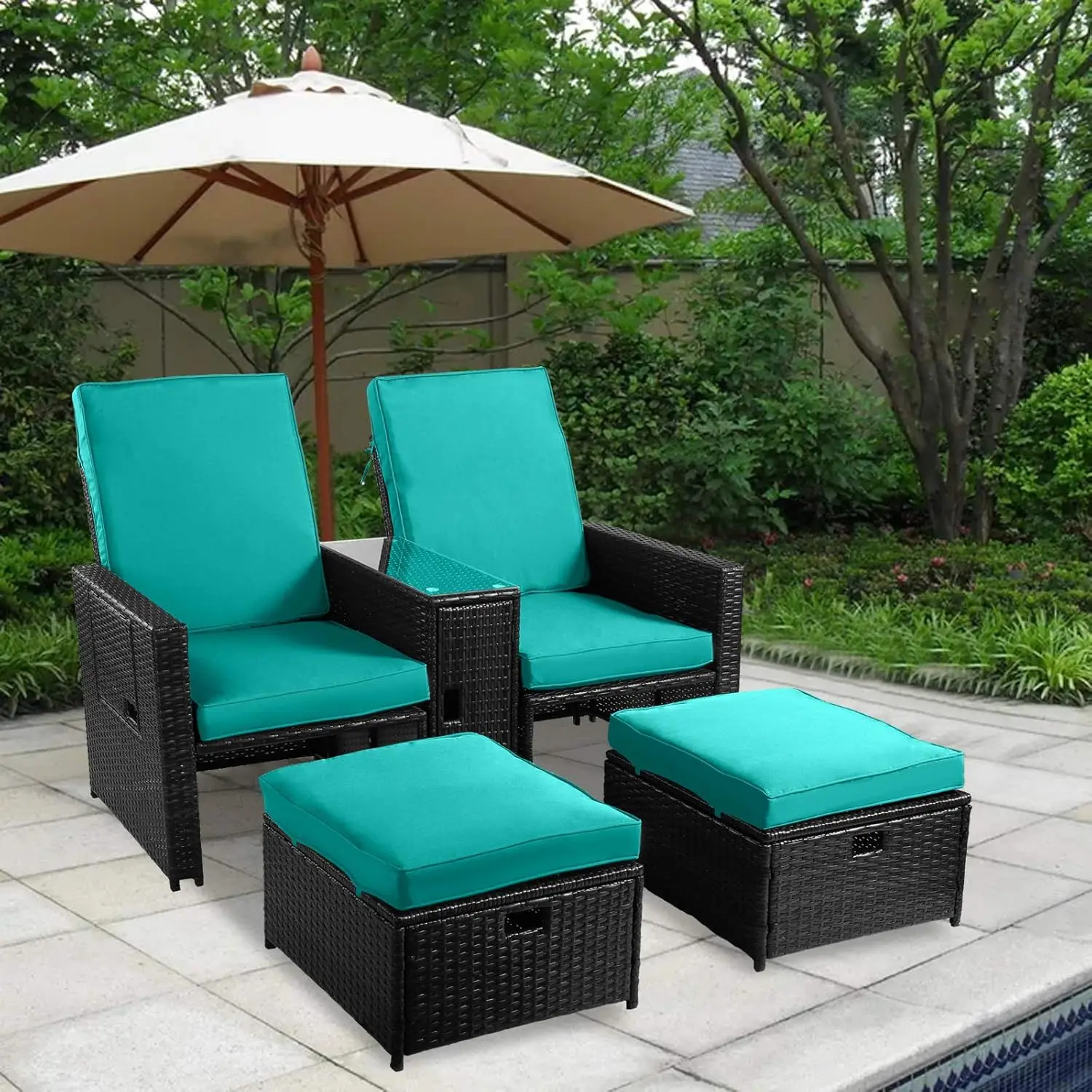 Outdoor Patio Furniture Set - Wicker Loveseat Sofa with Adjustable Backrest, Coffee Table,Ottoman Rattan Lounge Chair for Garden