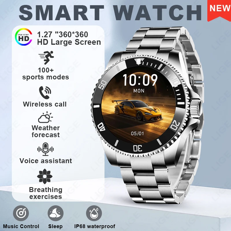 

Смарт-часы LIGE: роскошные стальные, с монитором здоровья и спортивными функциями, мужские часы с HD-экраном 1.27 дюйма, Bluetooth-звонками, водонепроницаемостью IP68, мужские смарт-часы