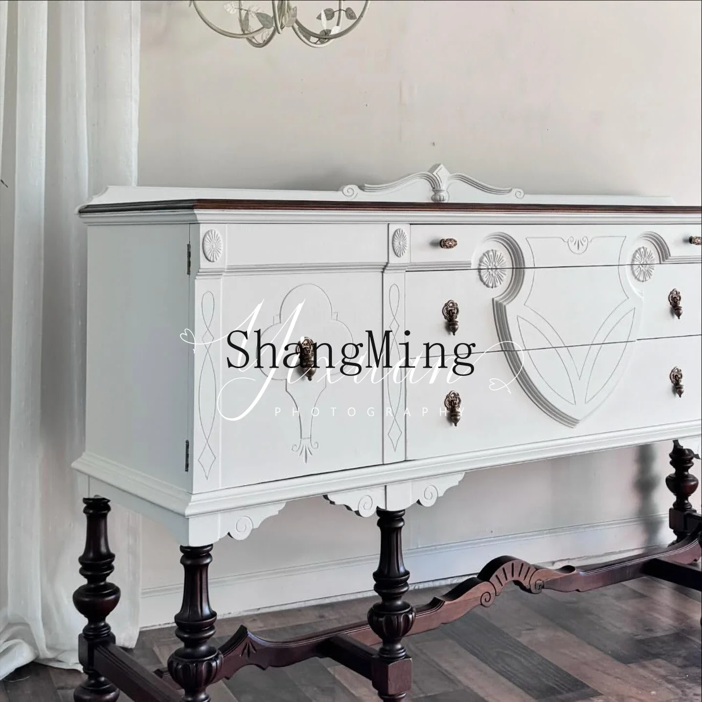 

FG retro dining side cabinet, living room decoration cabinet, modern simple entrance cabinet, solid wood carving furniture