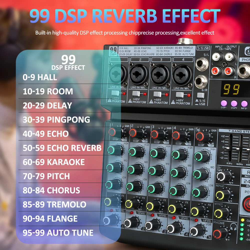 DGNOG Mezclador de audio profesional de 6 canales EQ de 7 bandas con 99 efectos DSP Consola Bluetooth USB de alimentación fantasma de 48 V para estudio de escenario