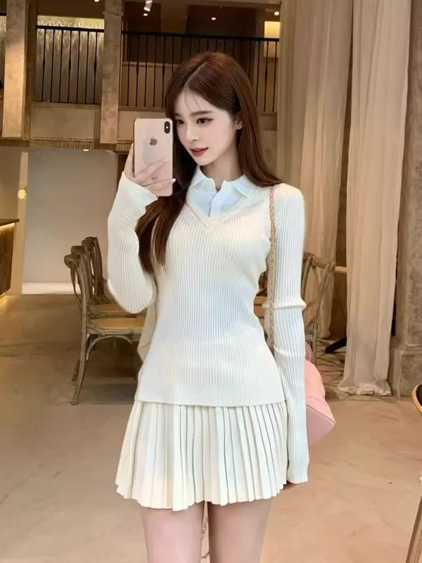 

Korean Style Knitted Top And Skirt Two-Piece Set Comfortable Breathable High Waist round Neck Long Sleeve Short Skirt