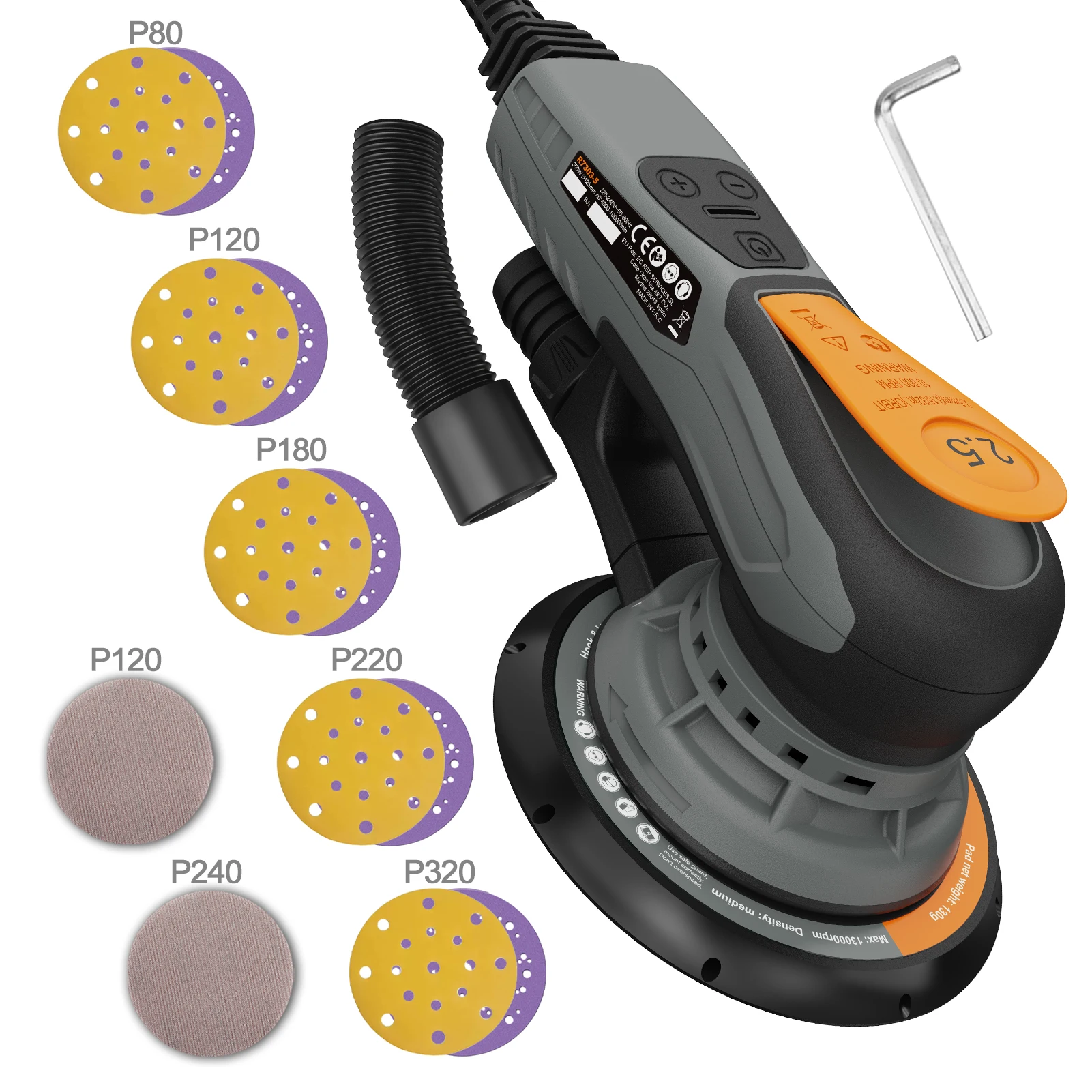2.5mm Random Orbital Sander, 350W Brushless Motor Electric Palm Sander for Woodworking, 6 Variable Speeds to 10000RPM, Multi-function Sander with 6Inch Backing Plate, 10 Sanding Papers