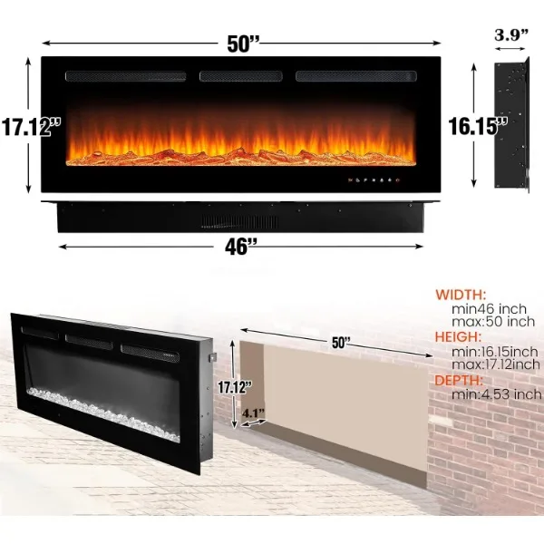 oneinmil Electric Fireplace, 50 inch Wide Recessed/Wall Mounted Electric Fireplace, Remote Control with Timer 12 Adjustable