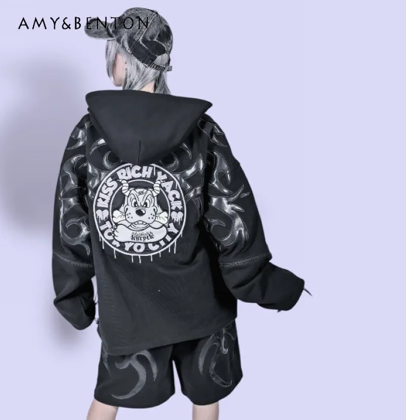 

Japanese Harajuku Cartoon Printed Goth Splicing Color Oversized Stand-up Collar Jacket Shorts Casual Set Y2K Subculture Outfits