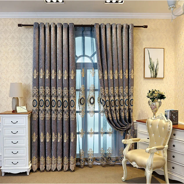 2 stuks luxe frisse blauwe geborduurde gordijnen, Europese 3D-borduursels, met ringen voor slaapkamer & woonkamer, voile niet inbegrepen