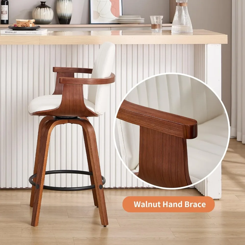 مجموعة مقاعد بار ذات ارتفاع مضاد مكونة من 2، 26 مقعدًا دوارًا مع ظهر مرتفع وأذرع خشبية، وكراسي بار حديثة من جلد البولي يوريثان.