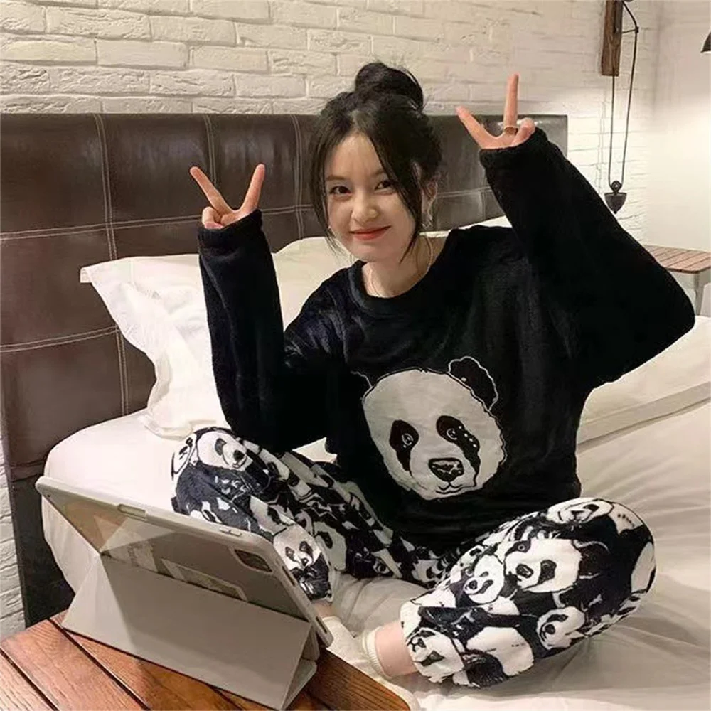 Autumn Winter Pijamas Kawaii Pajama Sets Women Cartoon Sweet Bear  Flannel Sleepwear Girl Pijama Mujer Night Suits Soft Homewear