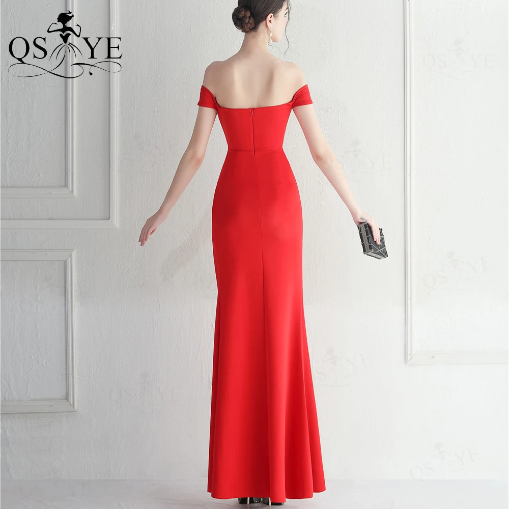 Off Shoulder Red Long Prom Dresses Ruched Bodice Sexy Split Party Gown Stretch Satin Sheath Girl Evening Dress Bridesmaid Chic