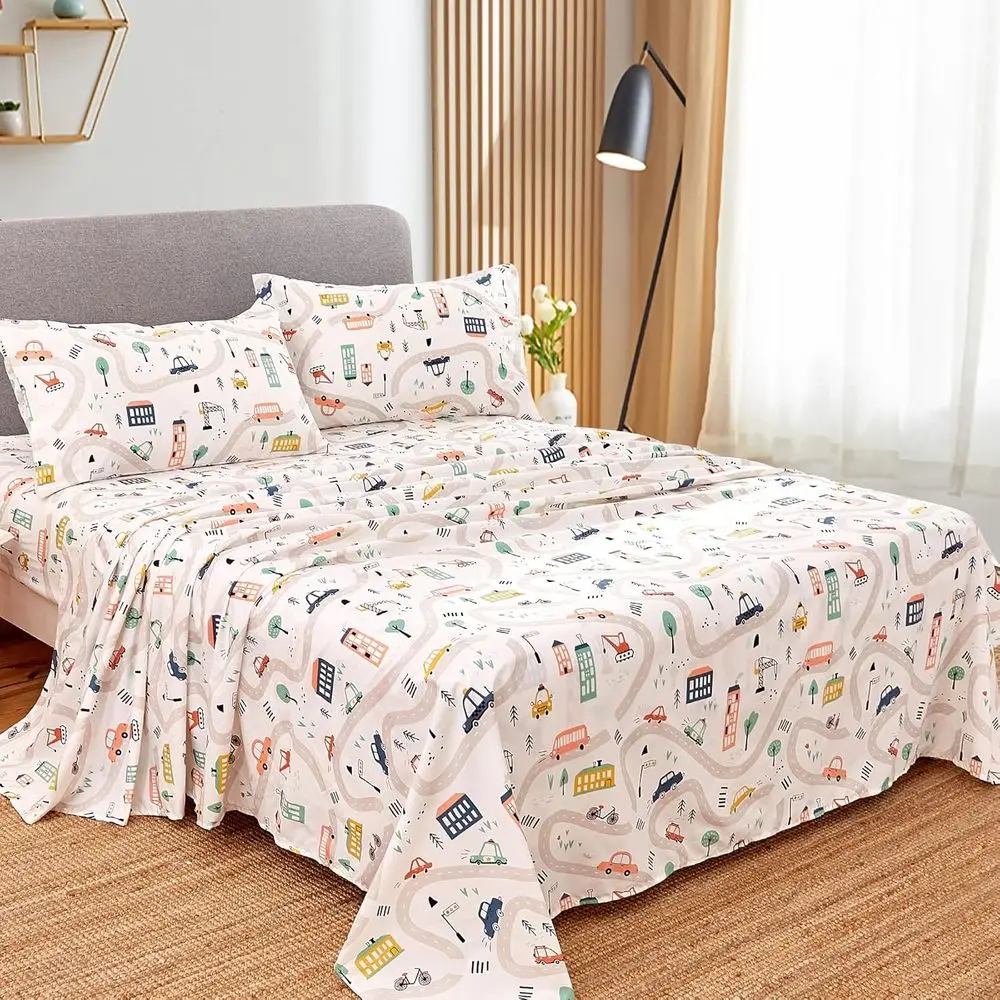 Kids Printed Full Size 4-Piece Microfiber Bed Sheet Set, Deep Pocket