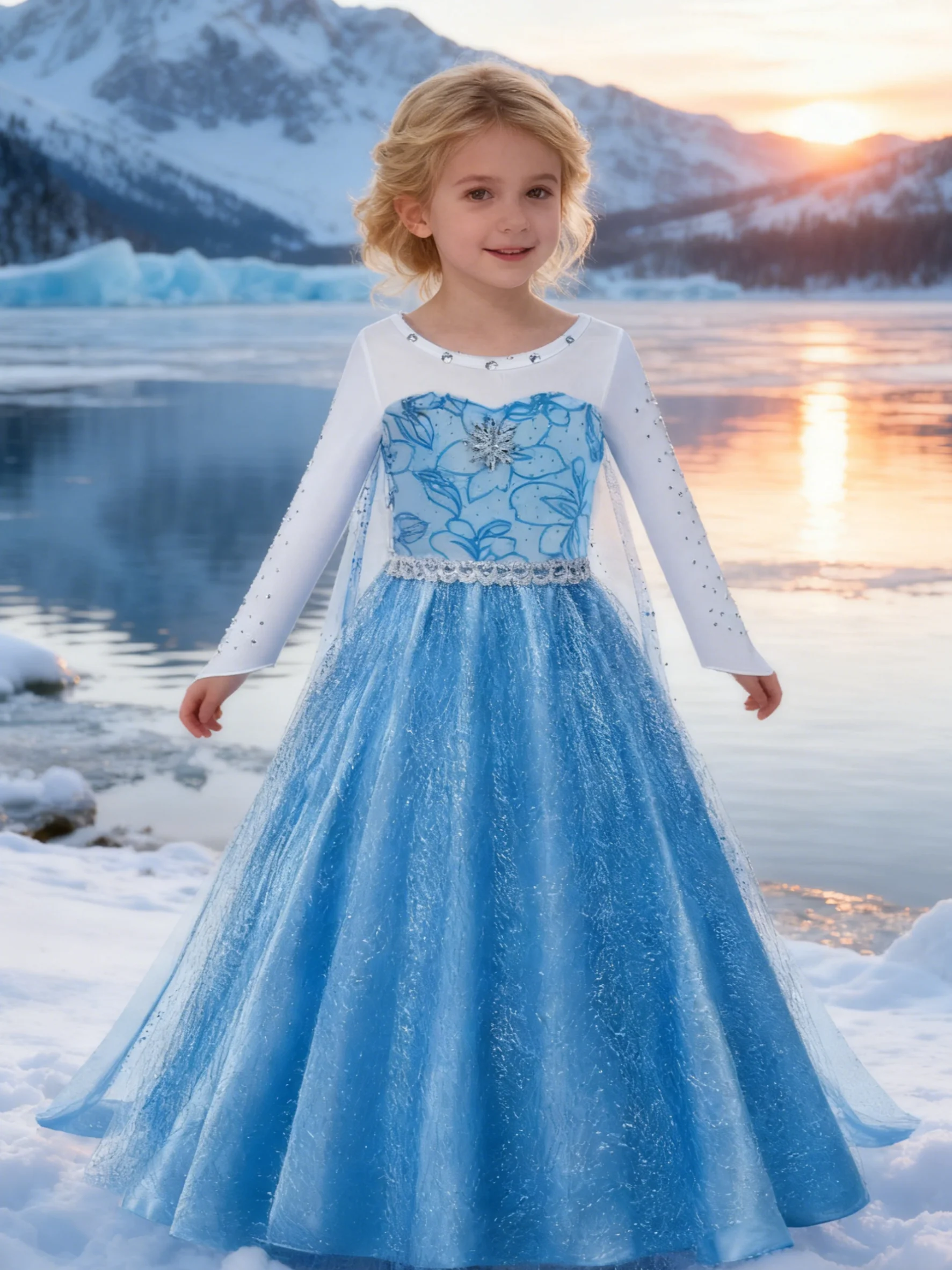 Movie Princess Dress Sequin Mesh Long Sleeved Dress Elsa Children'S Festival Performance Costume Birthday