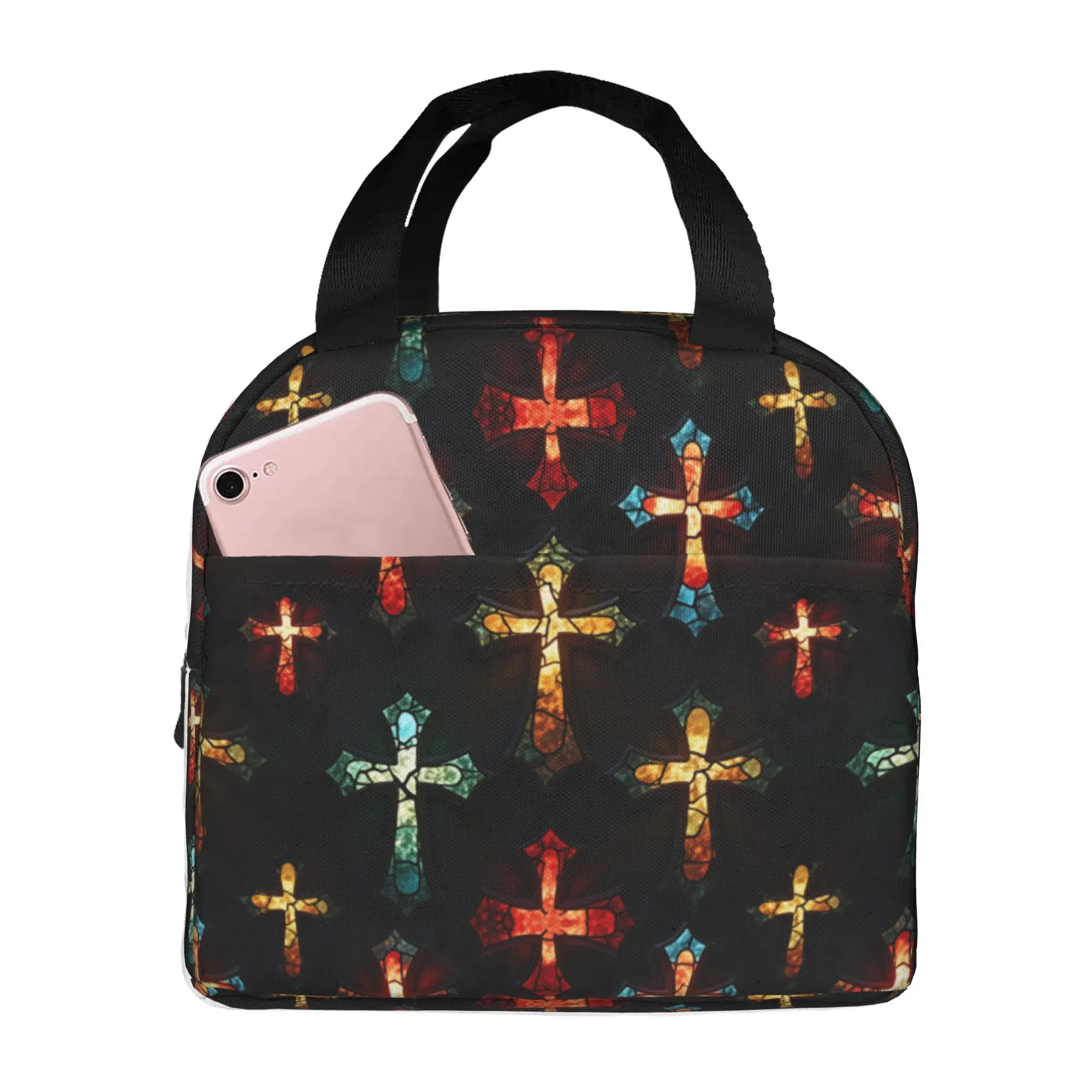 Christian Faith Jesus  Christ Religion Lunch Bag Radiant Stained Glass Crosses  Cooler Warm Insulated Lunch Boxes for School