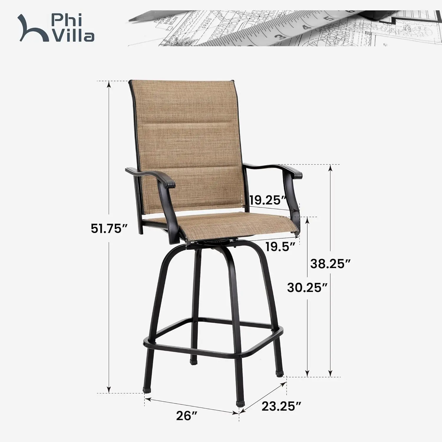 High Top Patio Chairs with Padded  Seating, All-Weather Bar Height Furniture for Kitchen or Outside