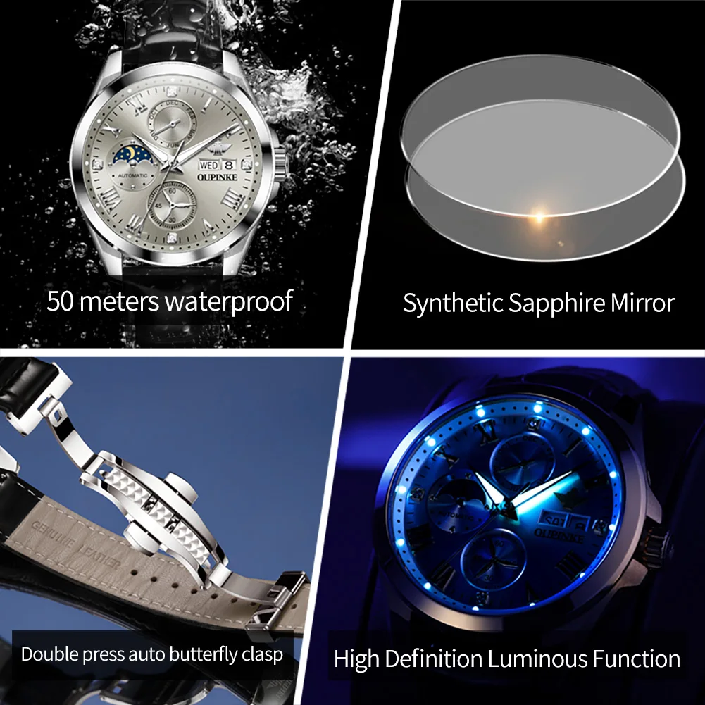 OUPINKE 3300 Mens Watch Original Mechanical Watch Waterproof Luminous Moon Phase Watches Luxury Men Dual Calendar Display Reloj