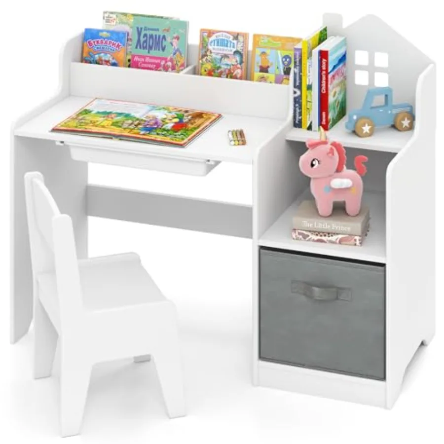 

INFANS Table and Chair Set Toddler Art Craft Play Wood Activity Desk with Chairs Storage Canvas Bin for Writing Drawing Furnitu