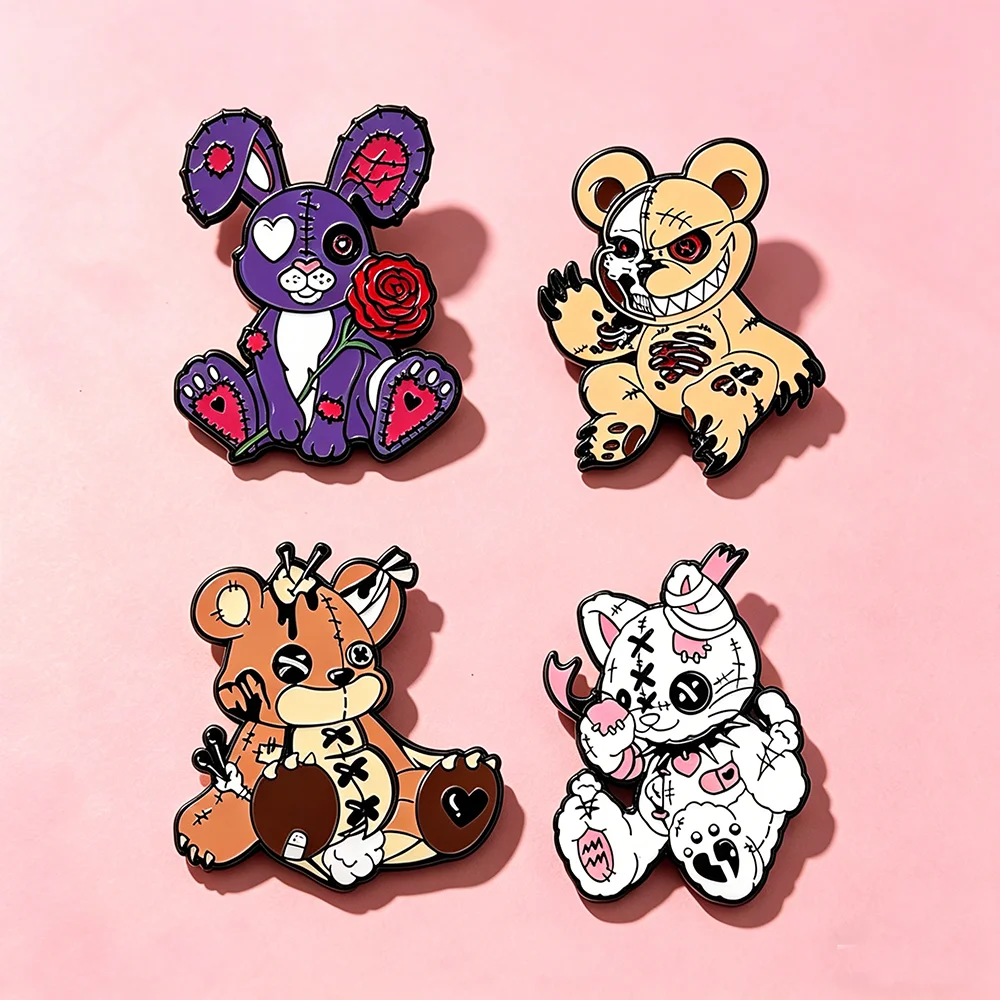 4Pcs Gothic Horror Evil Bear Brooch Badge Punk Broken Stitched Bunny Cat Doll Enamel Pins Creative Halloween Lapel Pins For Bags