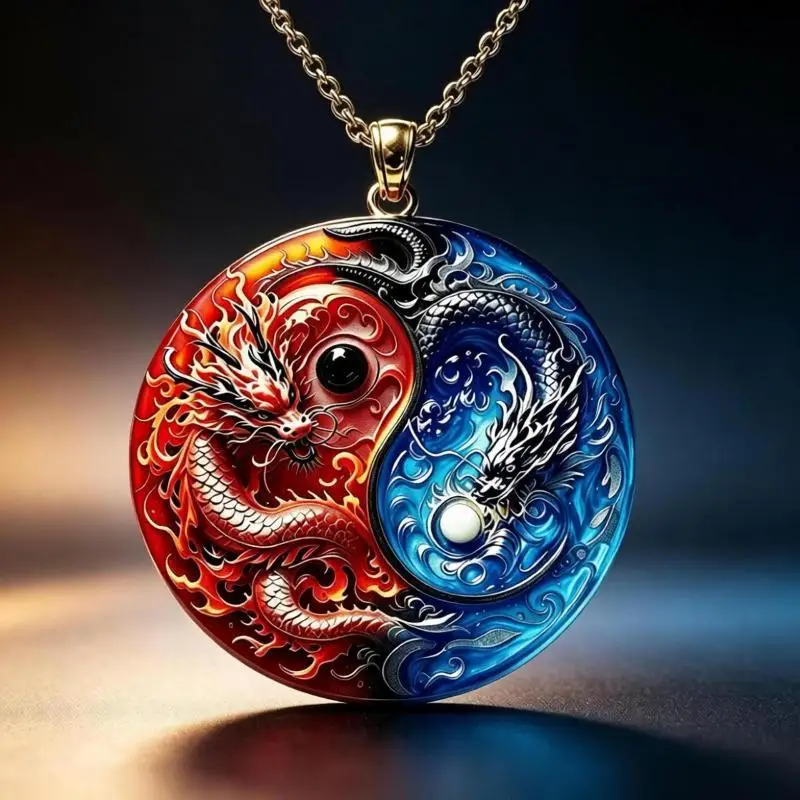 Yin Yang Twin Dragons Necklace Enamel Animal Pendant Aesthetic Mythical Choker Jewelry Gift For Women Girls Accessories